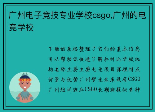 广州电子竞技专业学校csgo,广州的电竞学校
